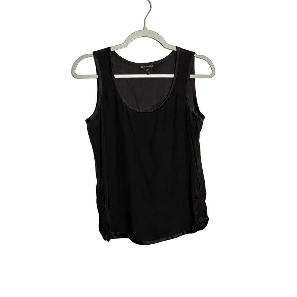 Eileen Fisher Top Silk Blend Charmeouse Scoop Neck Ruched Side Tank Black XS